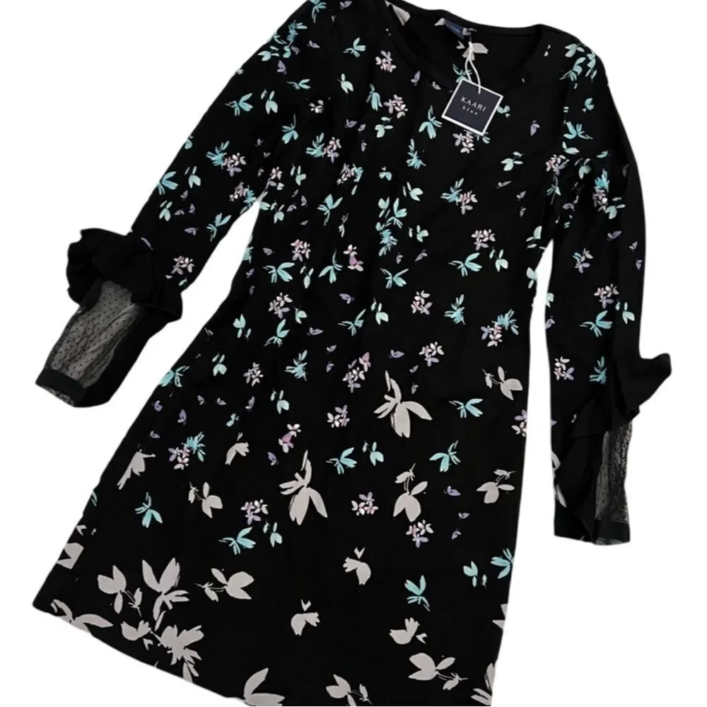 NWT Kaari Blue Floral Dress with Sheer Polka Dot Sleeve Detail